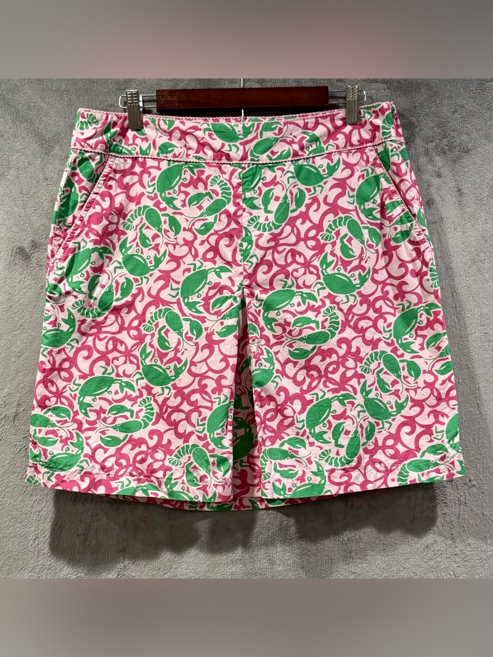 LL Bean Womens Pink Green Crab Lobster Print Knee Length Skirt‎ Size 12P Coastal